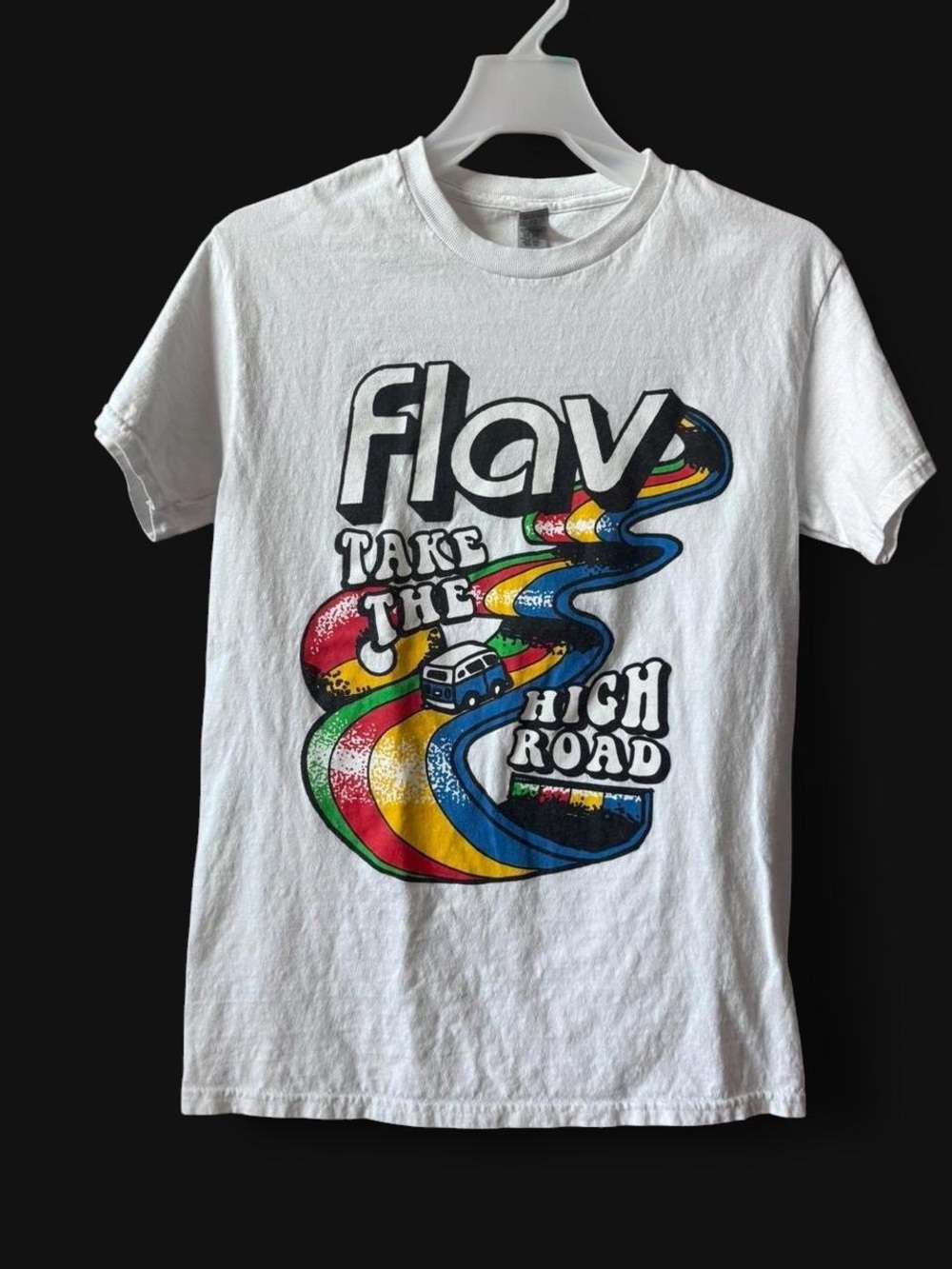 Y2K Gildan White Tee with Colorful 'Flav' High Road Graphic